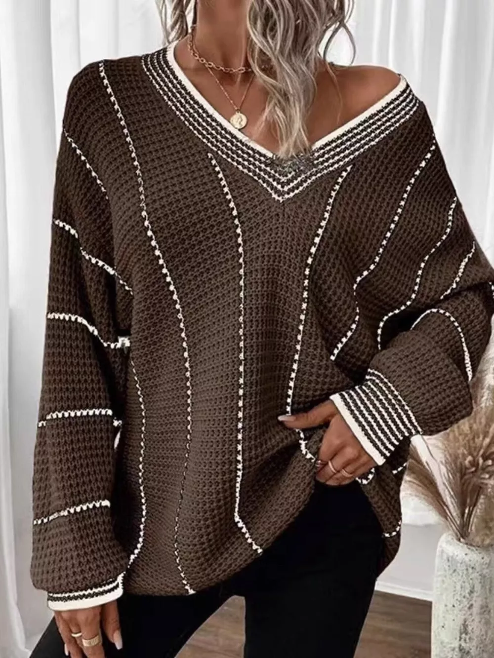 V-Neck Textured Knit Sweater, image 20
