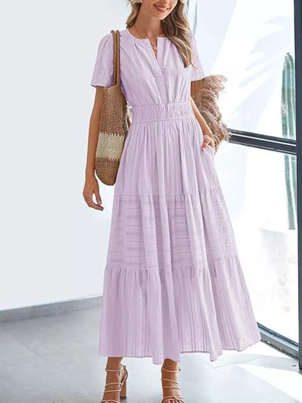 Full Size Short Sleeve Tiered Midi Dress Plus Size, image 25