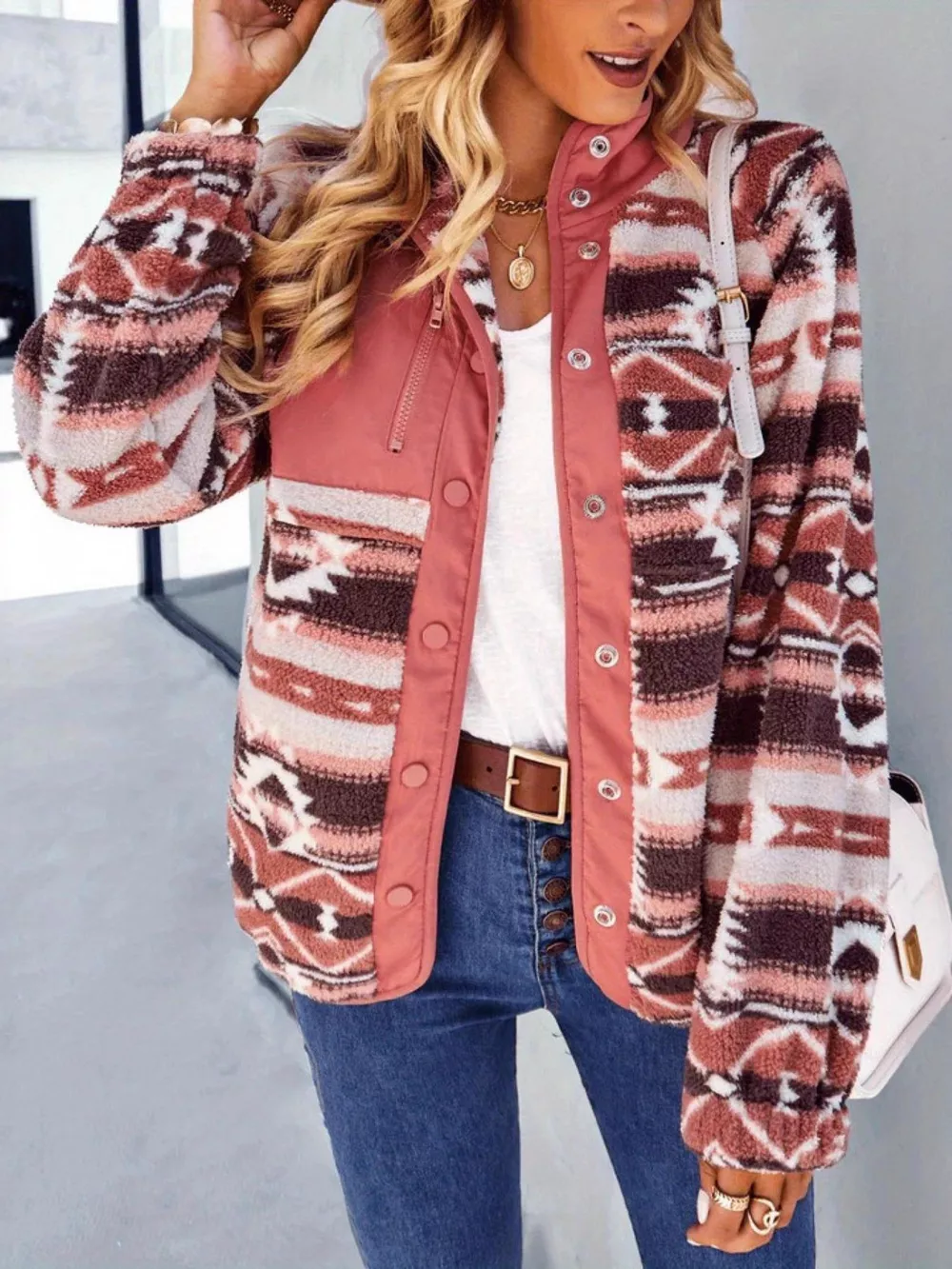 Aztec Print Fleece Snap Down Jacket, image 2