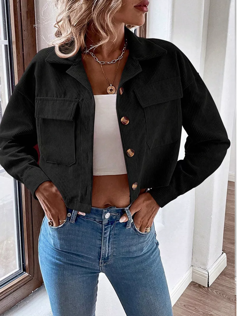 Cropped Corduroy Button-Down Jacket, image 13