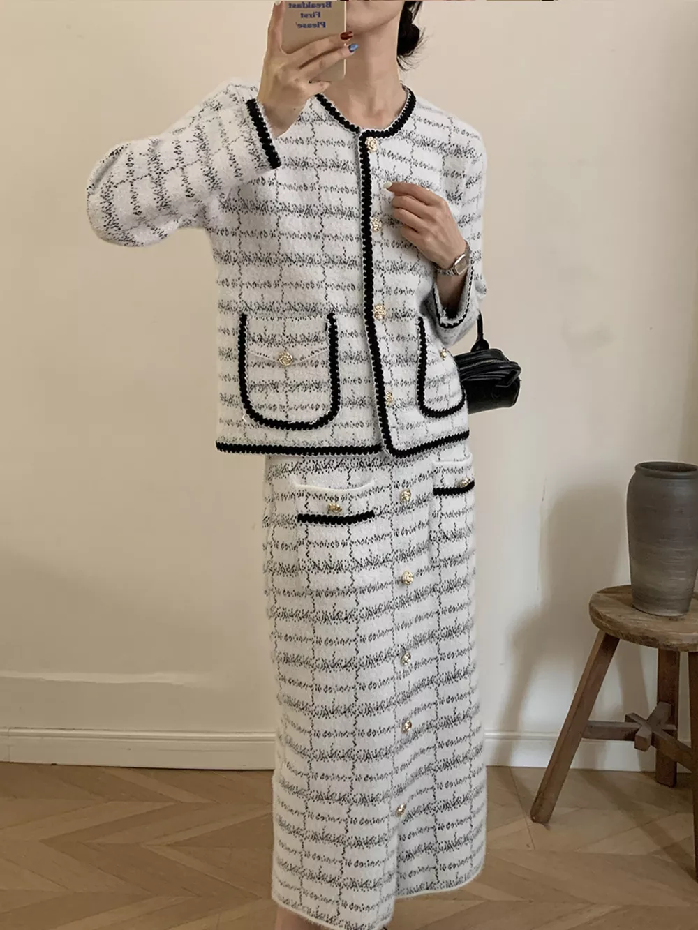 Tweed Contrast Trim Jacket and Skirt Set, image 8