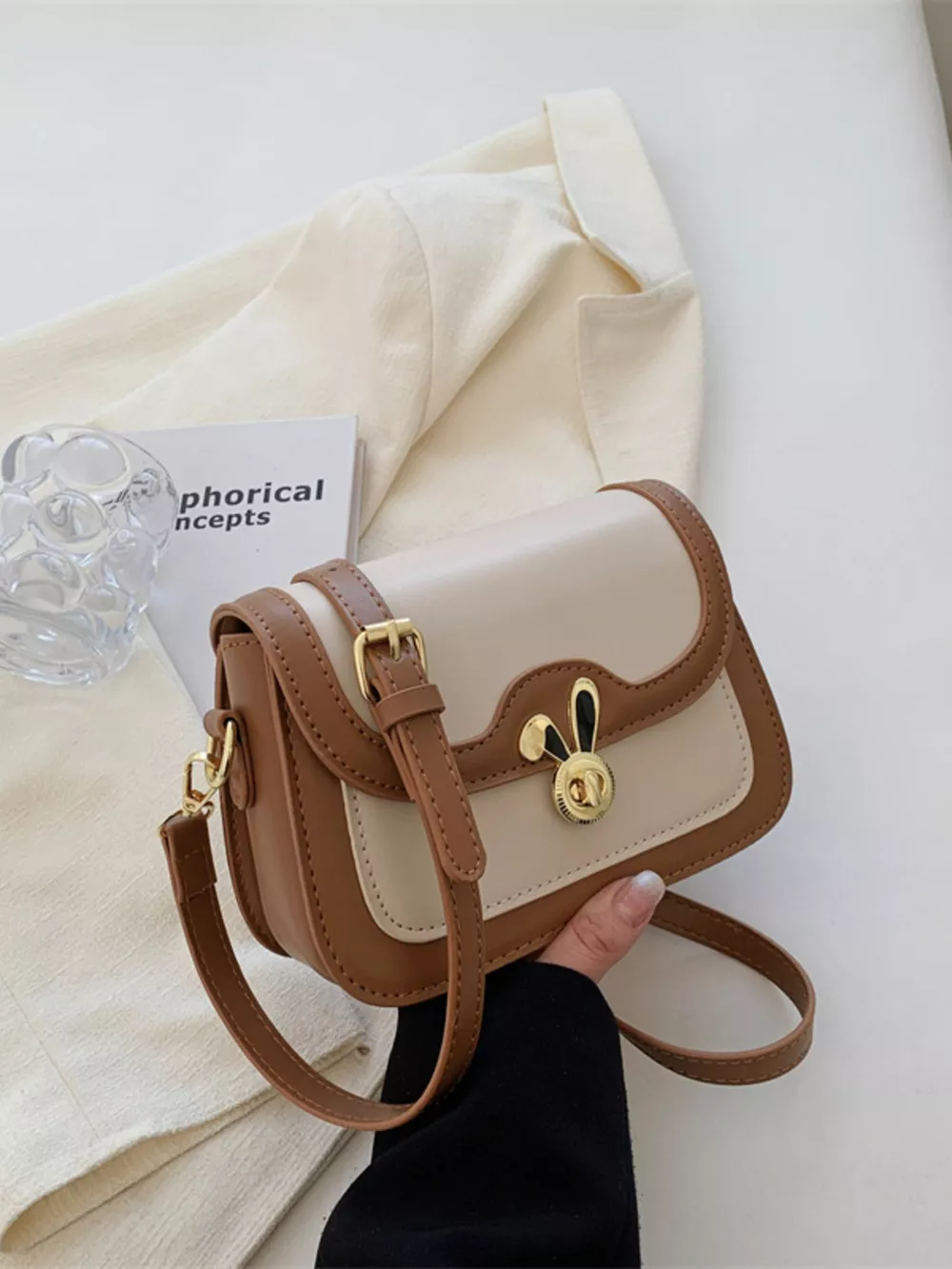 Rabbit Decor Color Block Flap Crossbody Bag, image 3