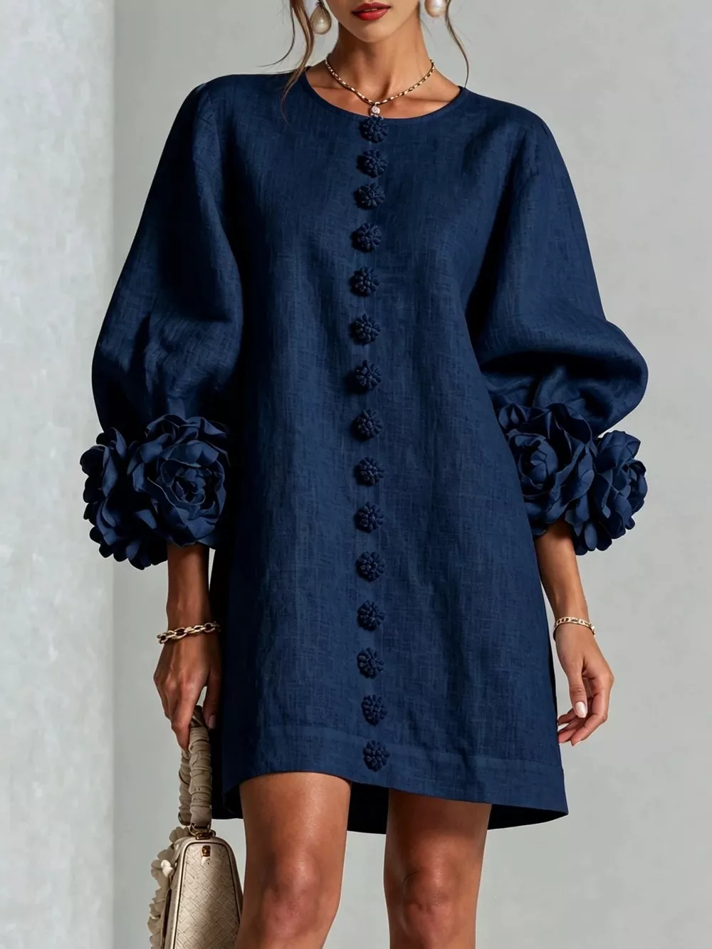 Full Size 3D Floral Sleeve Round Neck Dress Plus Size, image 3