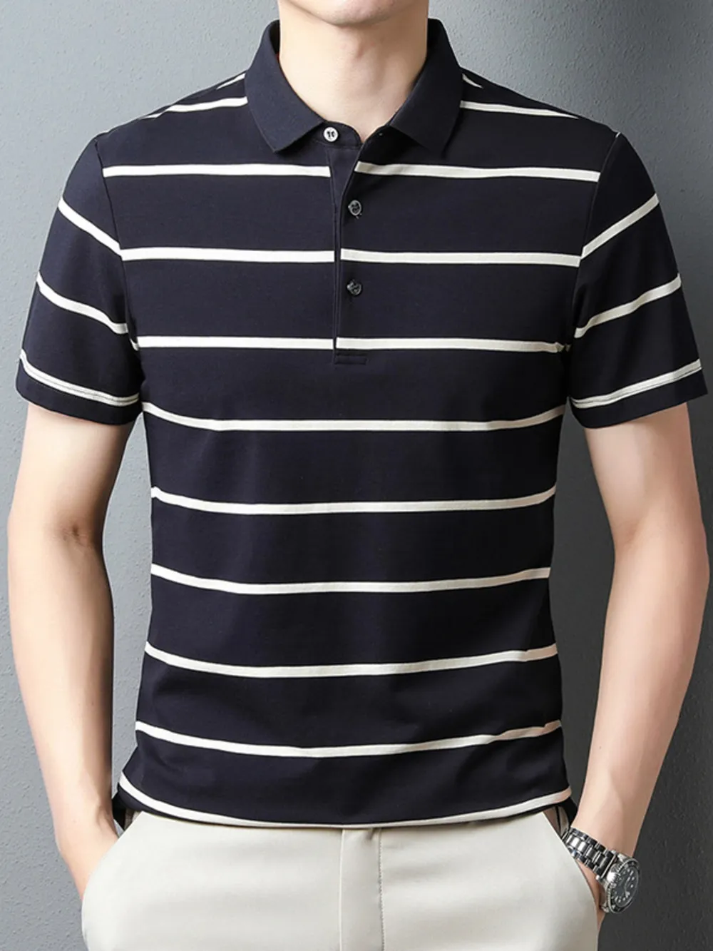 Men's Plus Size Striped Button Detail Short Sleeve Polo, image 2