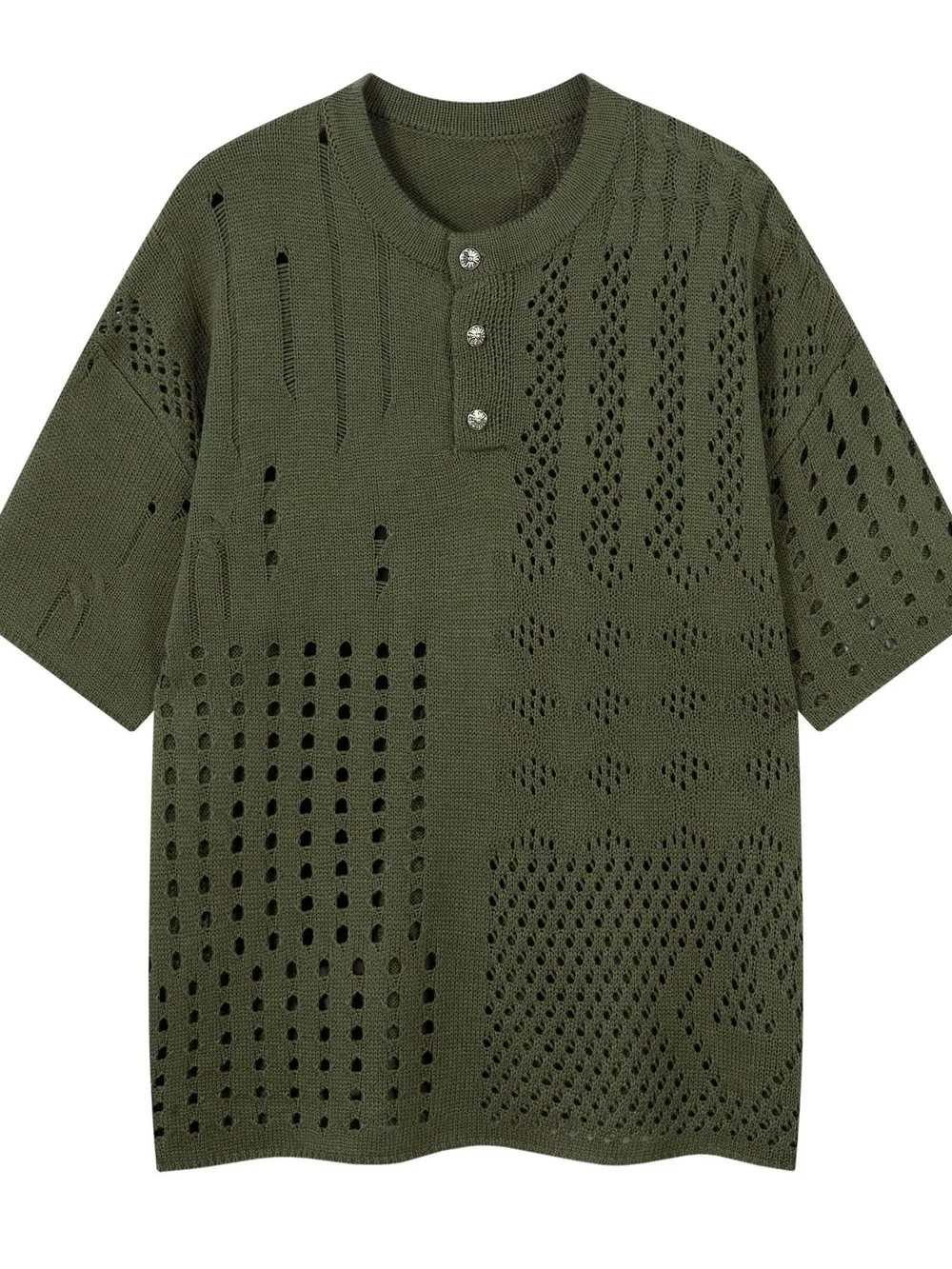 Men's Openwork Button Detail Knit Henley T-Shirt, image 3