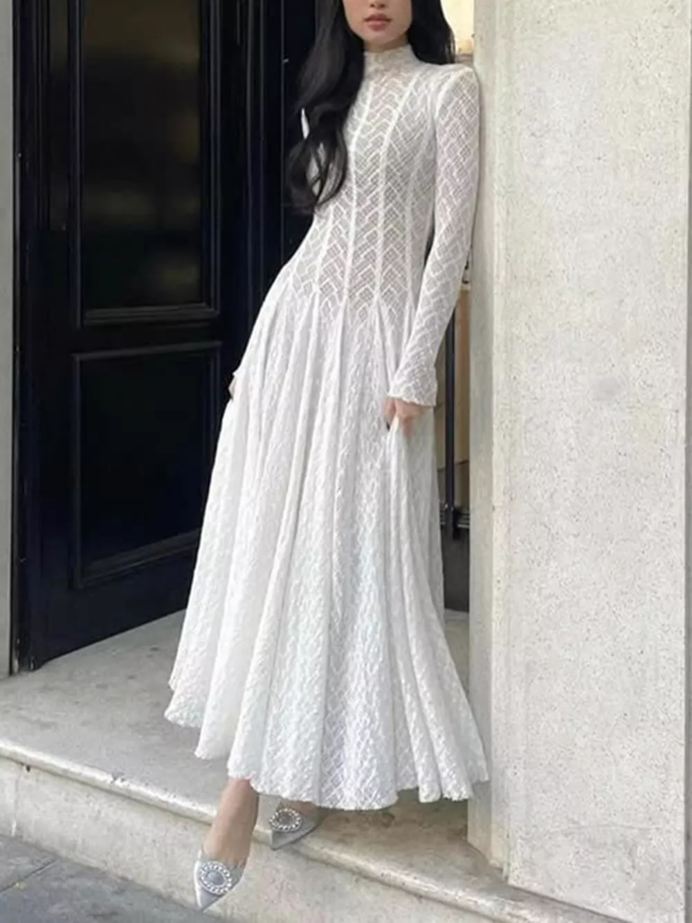 Lace Mock Neck Long Sleeve Maxi Dress, image 2