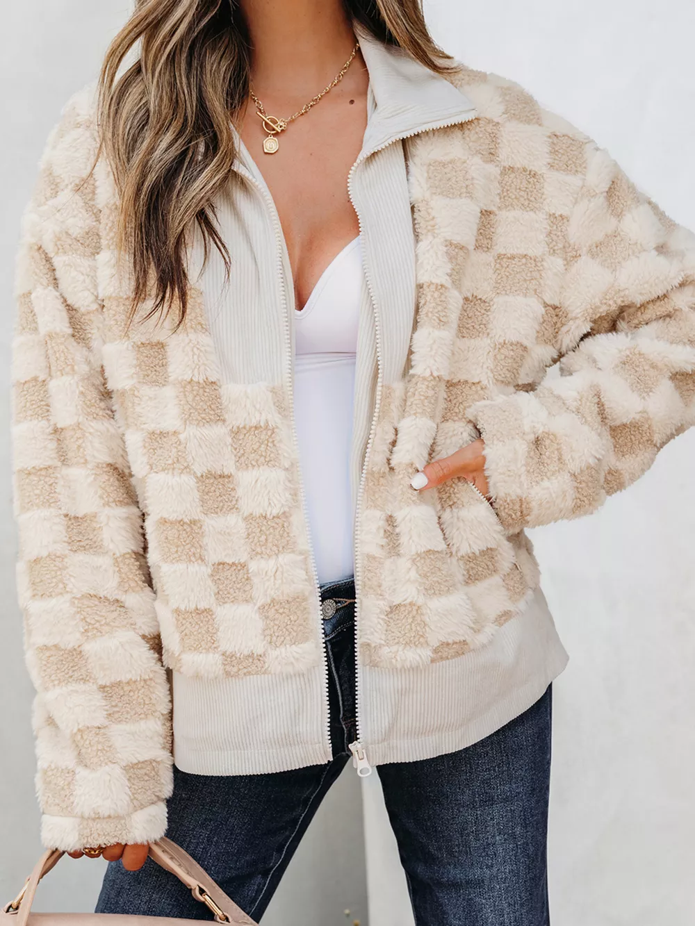 Checker Sherpa Corduroy Patchwork Zip Up Jacket