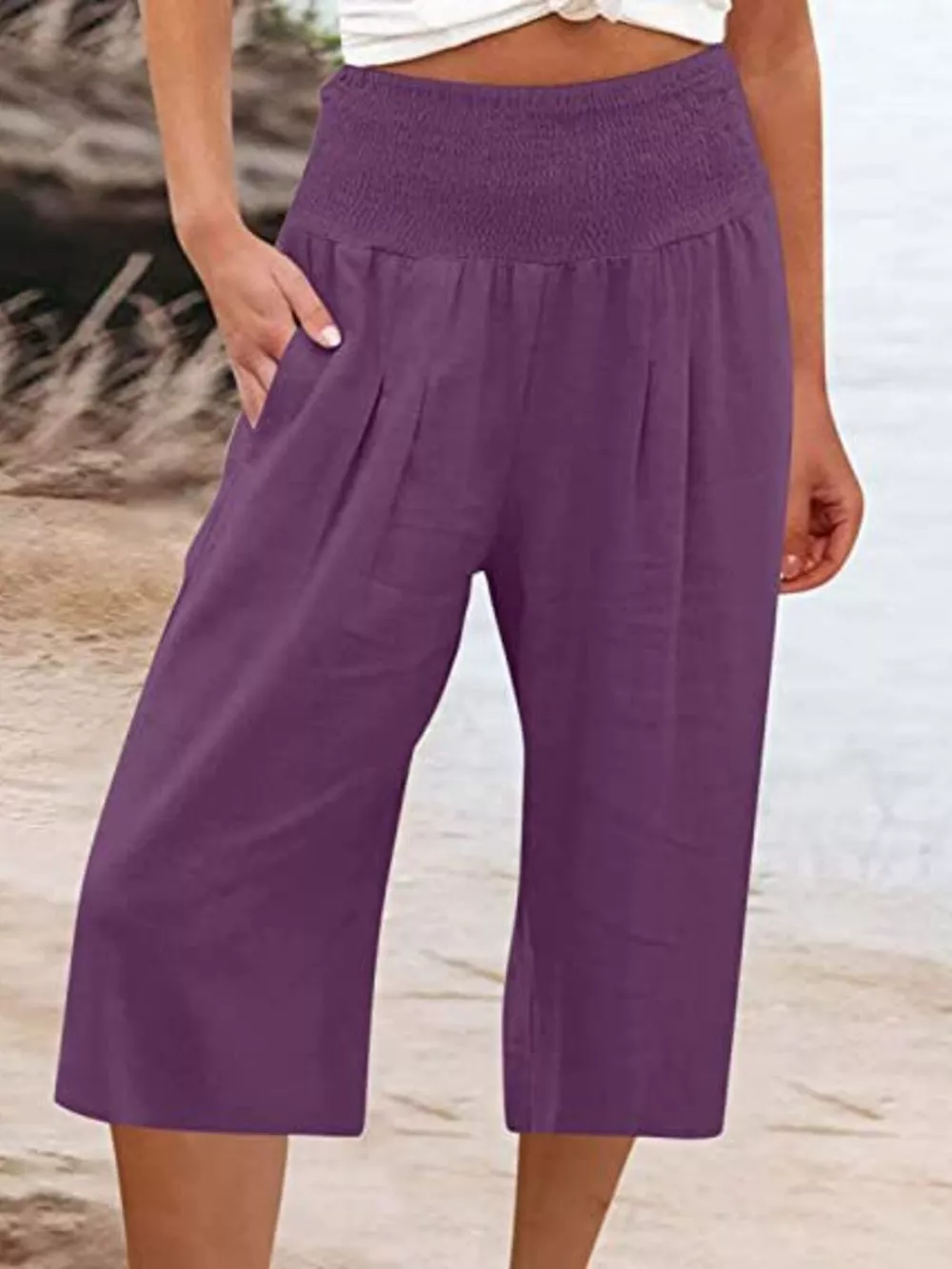 Smocked Wide-Leg Capri Pants, image 14