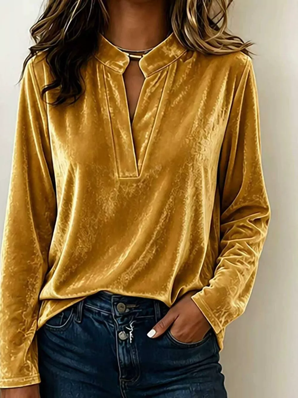 Full Size Velvet Notched Long Sleeve Top Plus Size, image 5