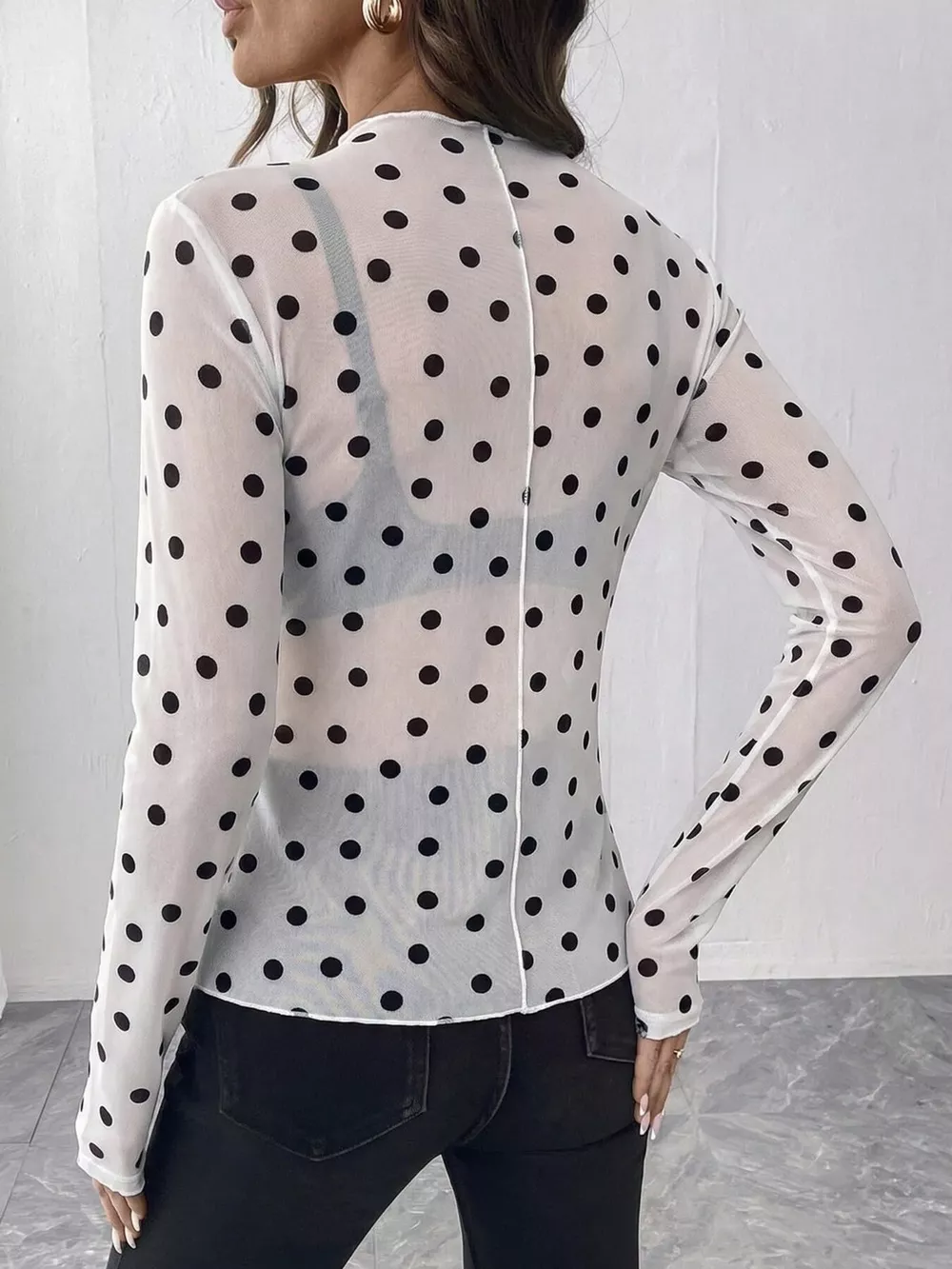 Sheer Polka Dot Long Sleeve Mock Neck Top, image 7