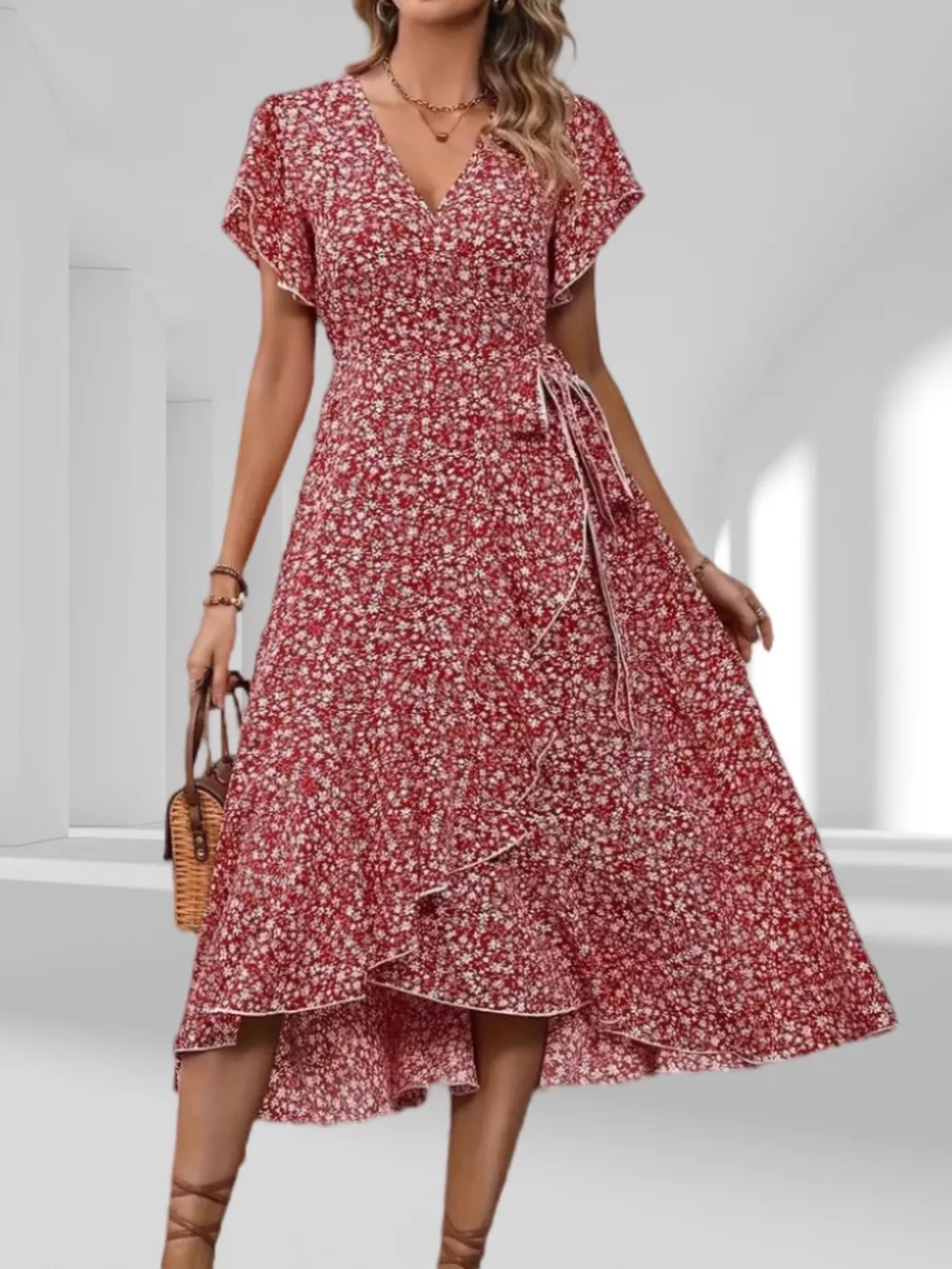 Floral Print Ruffle Hem Wrap Midi Dress, image 9