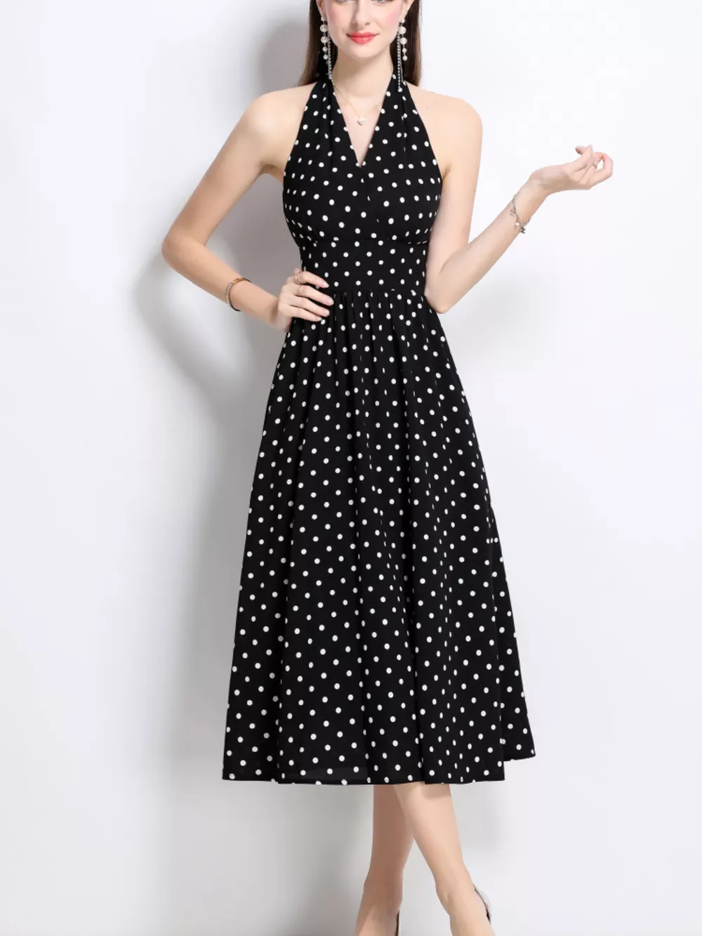Polka Dot Halter Neck Midi Dress, image 3