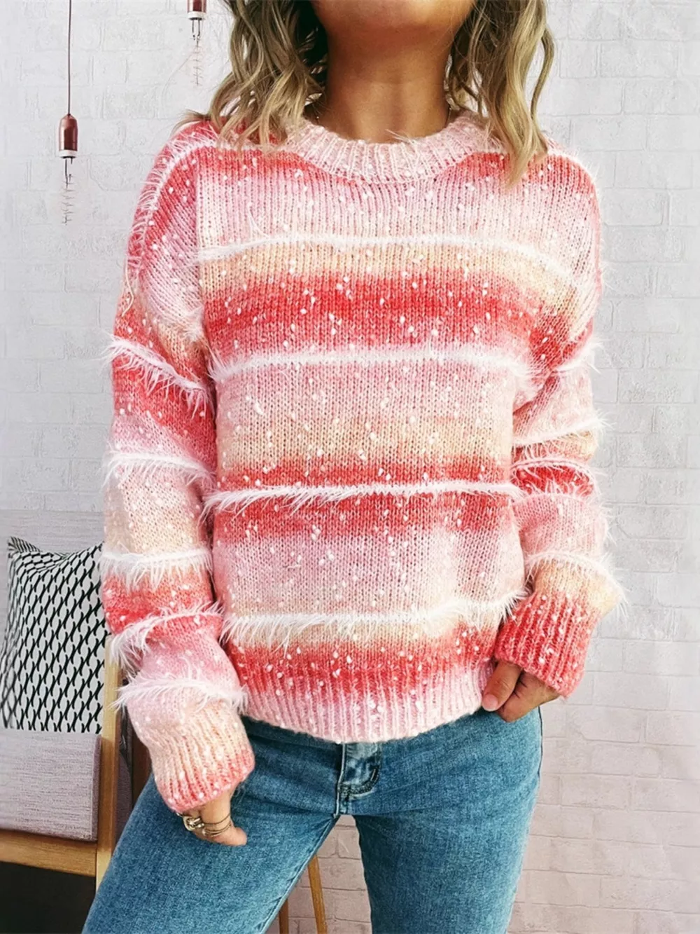 Gradient Striped Round Neck Sweater, image 11