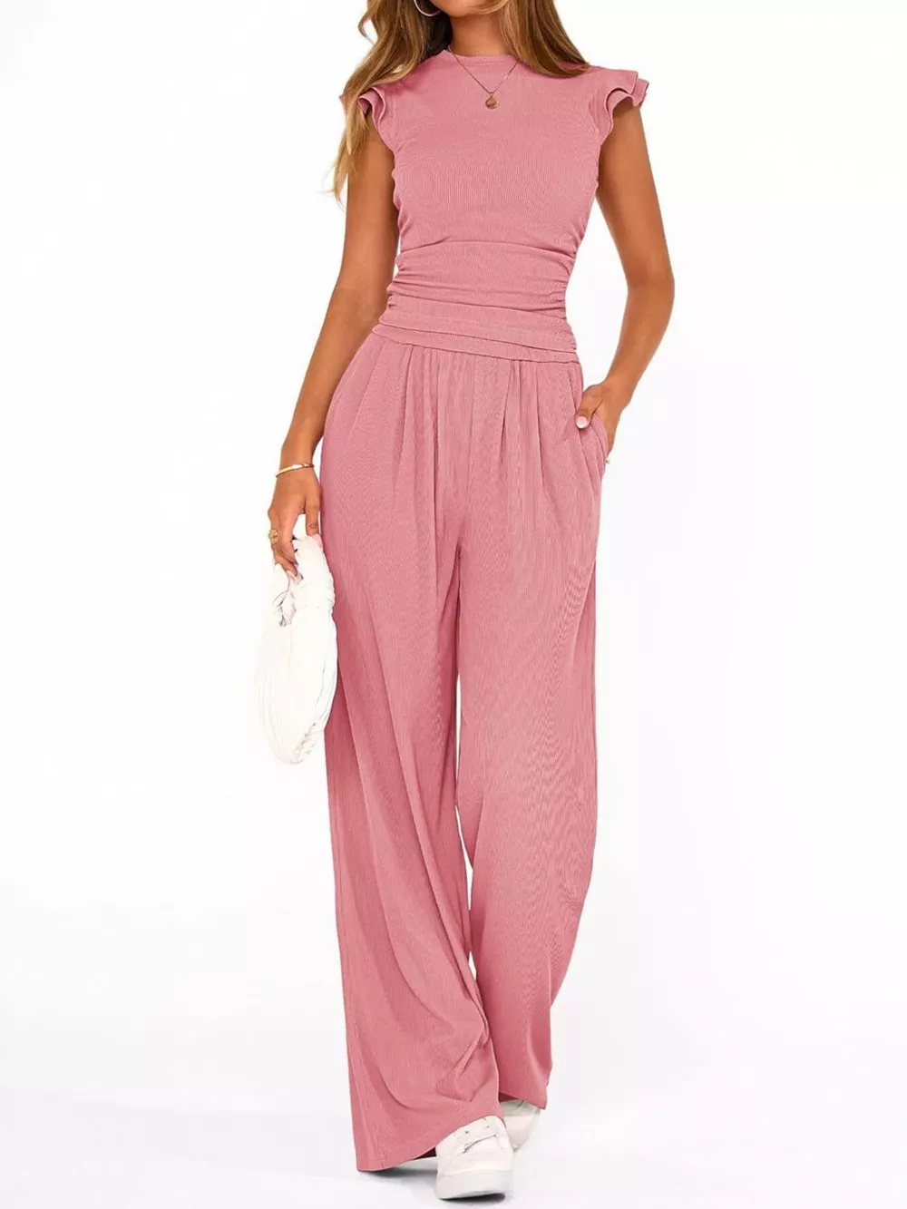 Ruffled Mock Neck Top and Wide Leg Pants Set, image 23