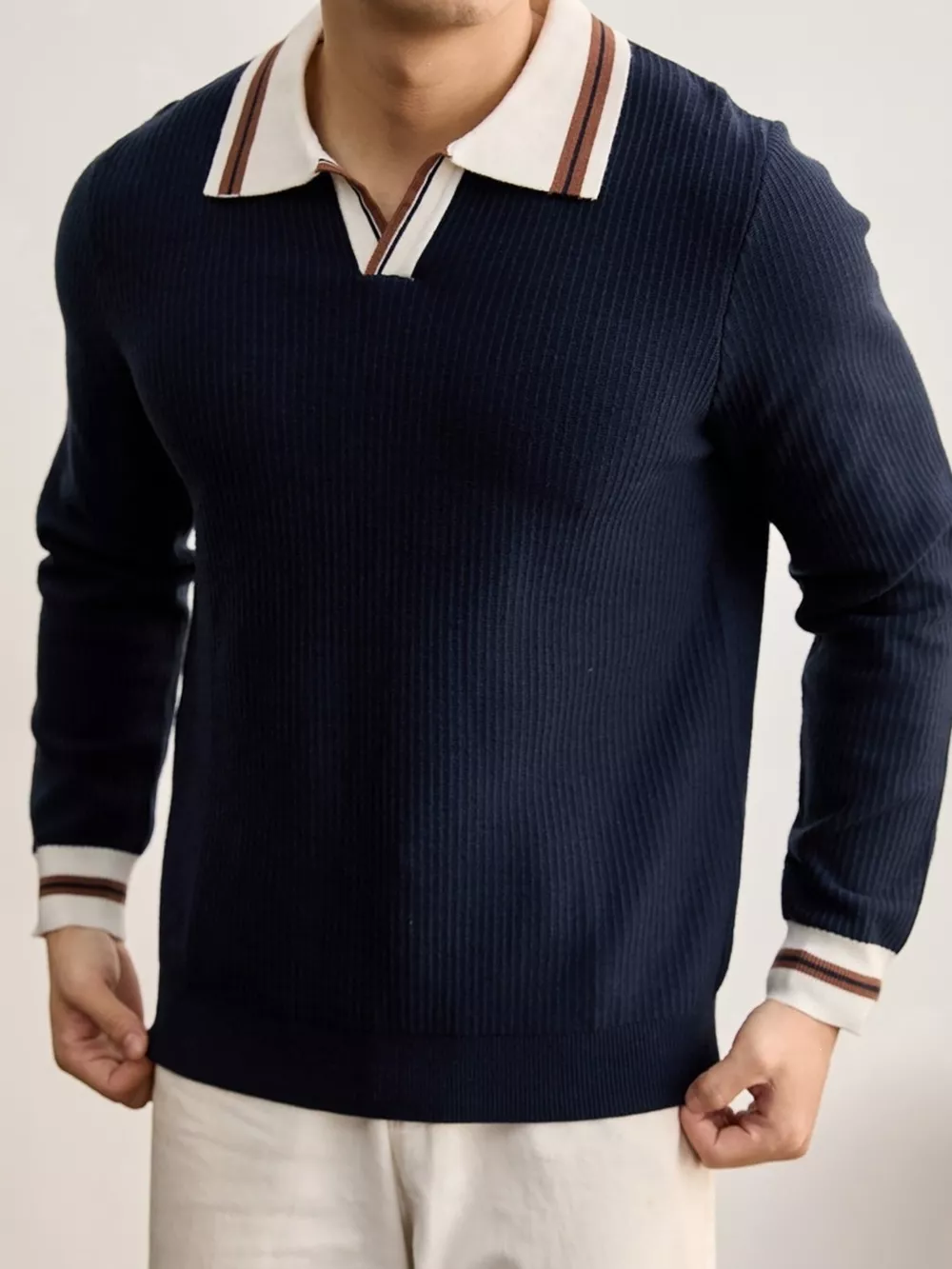 Men's Plus Size Contrast Trim Polo Collar Ribbed Knit Sweater, image 11