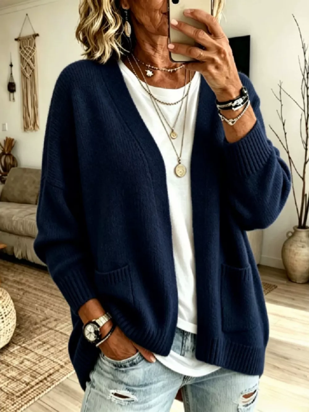 Open Front Knit Cardigan with Pockets, image 8