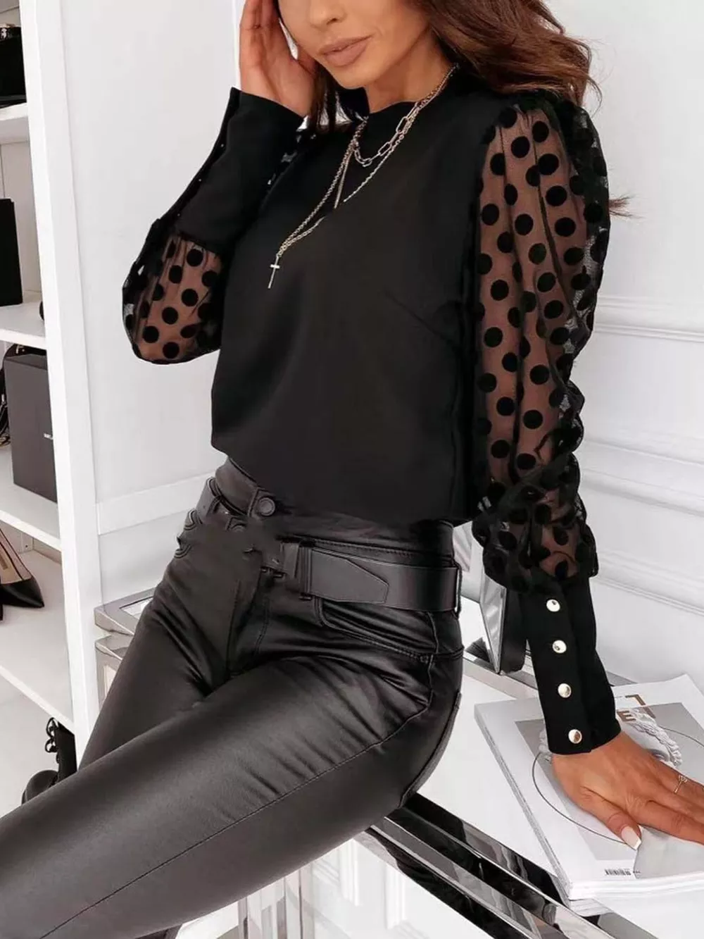 Sheer Polka Dot Sleeve Top, image 7