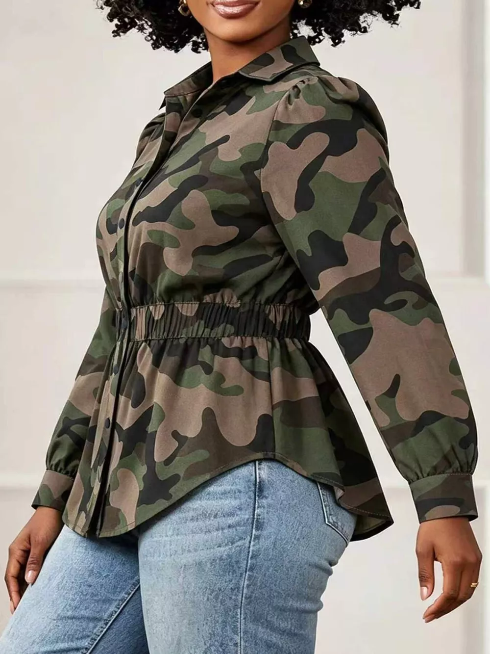 Camouflage Button Front Long Sleeve Blouse, image 2