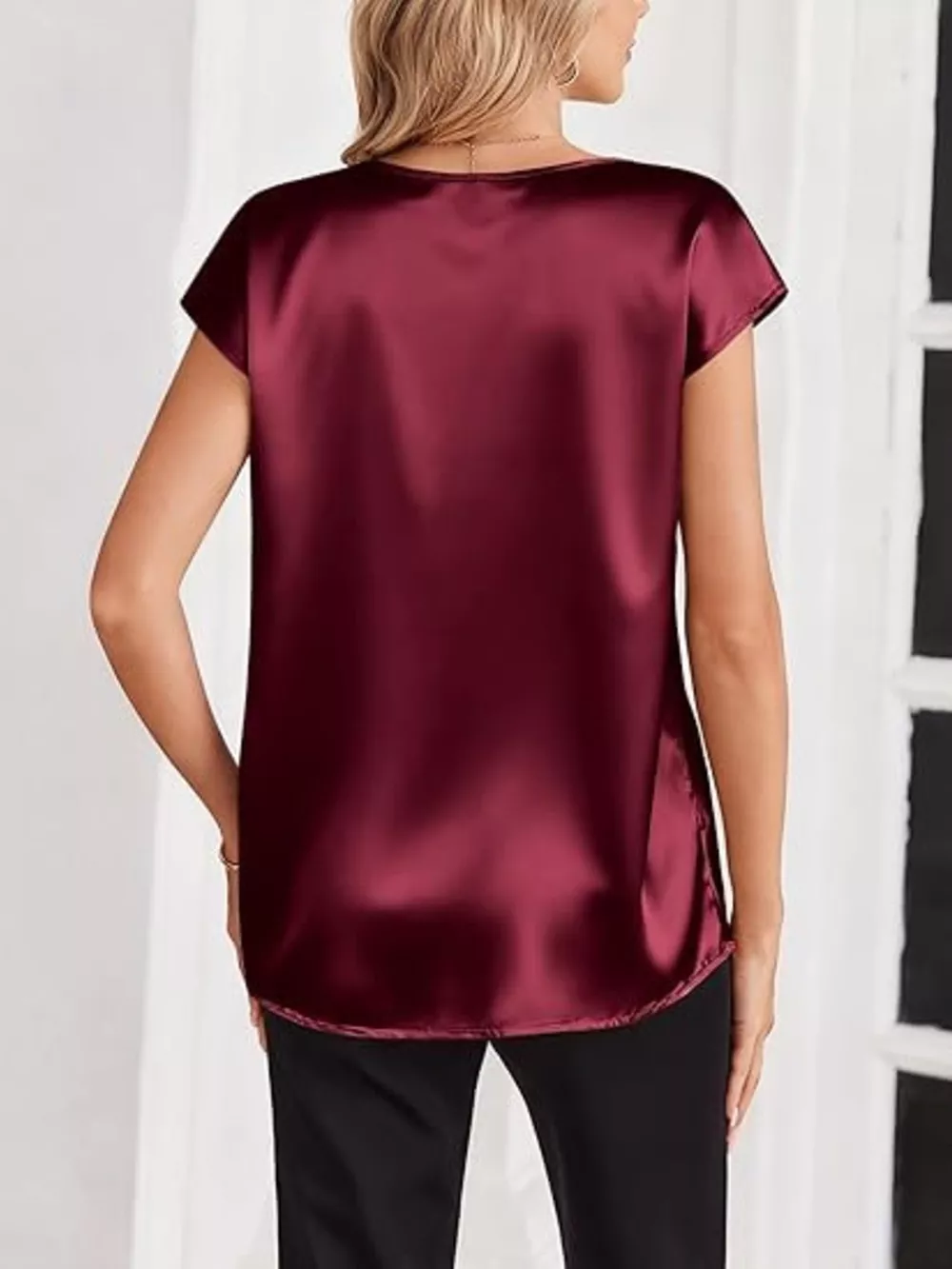 Satin V-Neck Short Sleeve Blouse, image 24