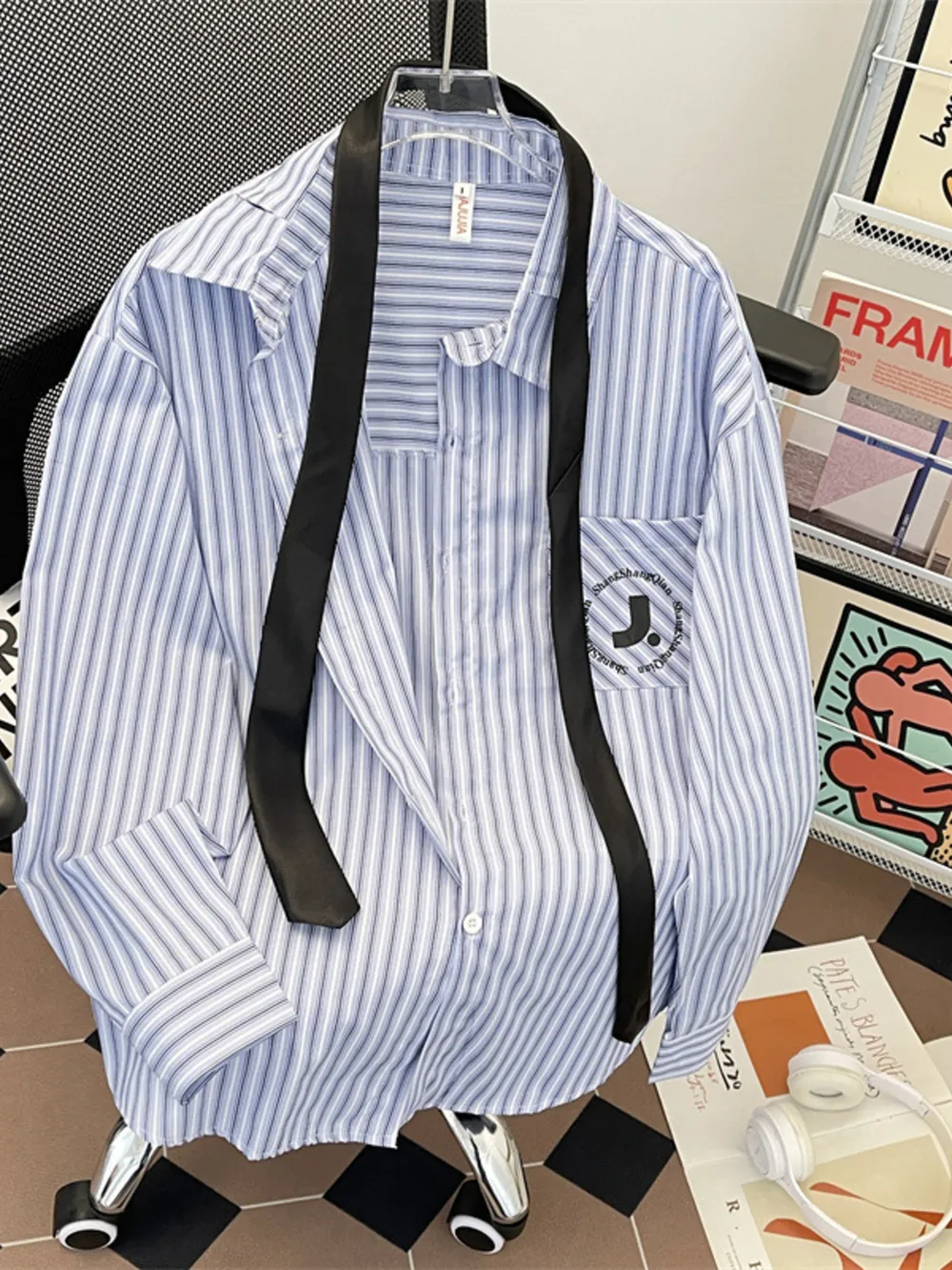 Men's Plus Size Striped Button-Down Shirt with Tie, image 3
