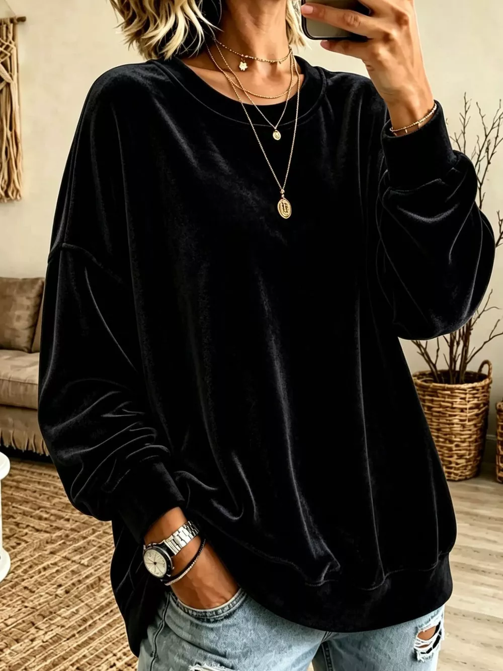 Full Size Loose Fit Velvet Dropped Shoulder Sweatshirt Plus Size, image 9