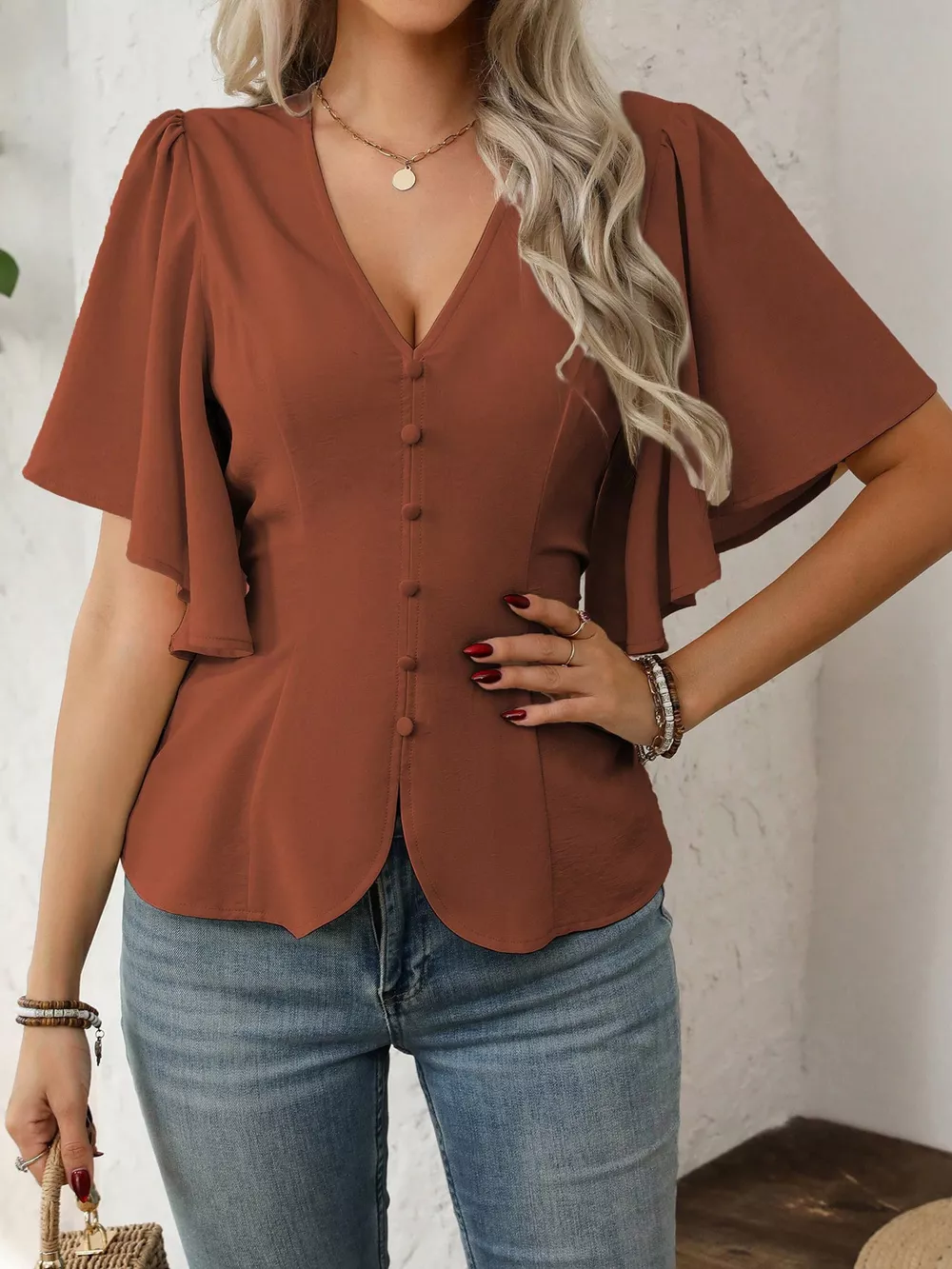 V-Neck Flutter Sleeve Blouse, image 18