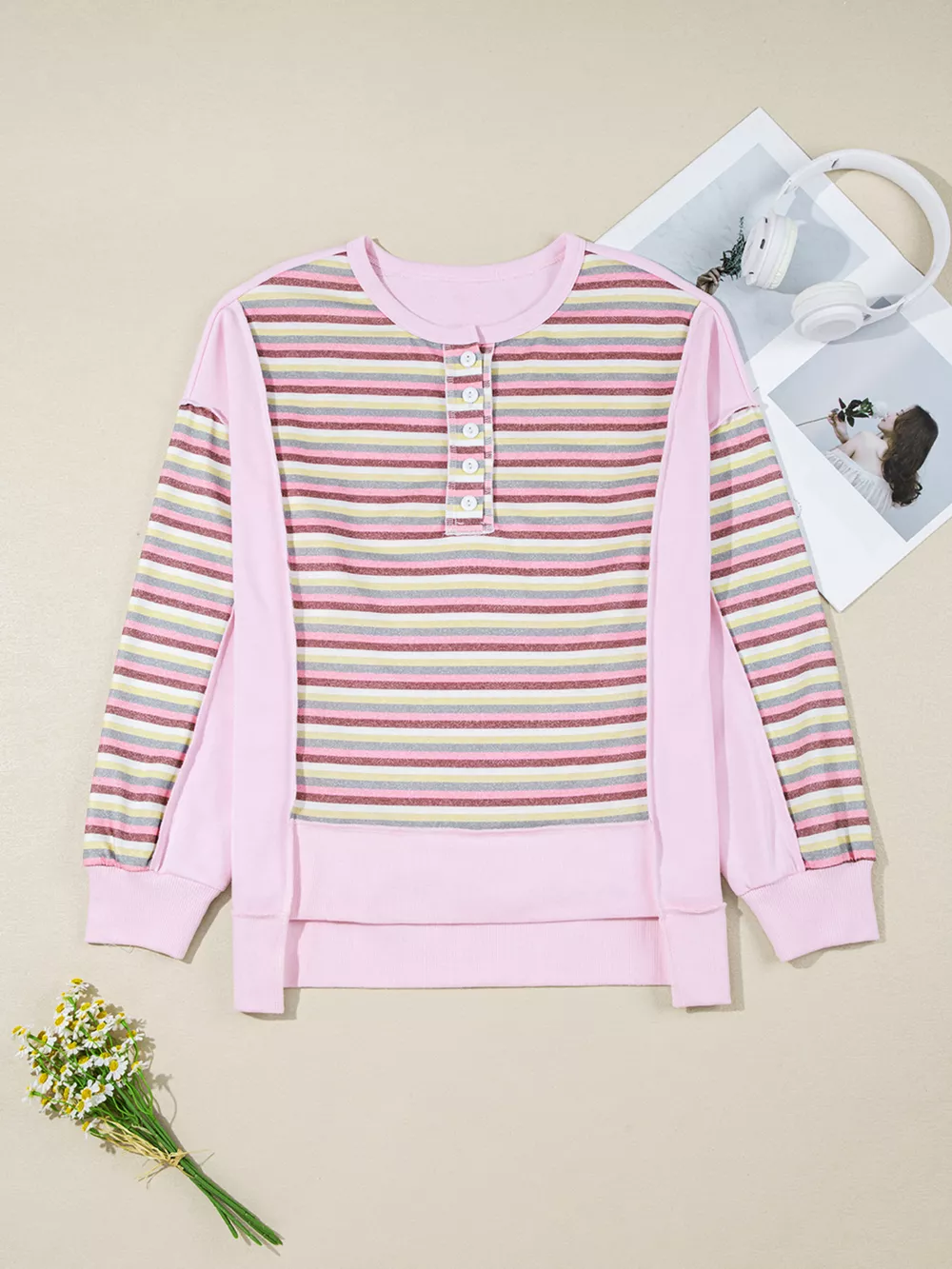 Exposed Seam Color Block Striped Patchwork Loose Henley Sweatshirt, image 7