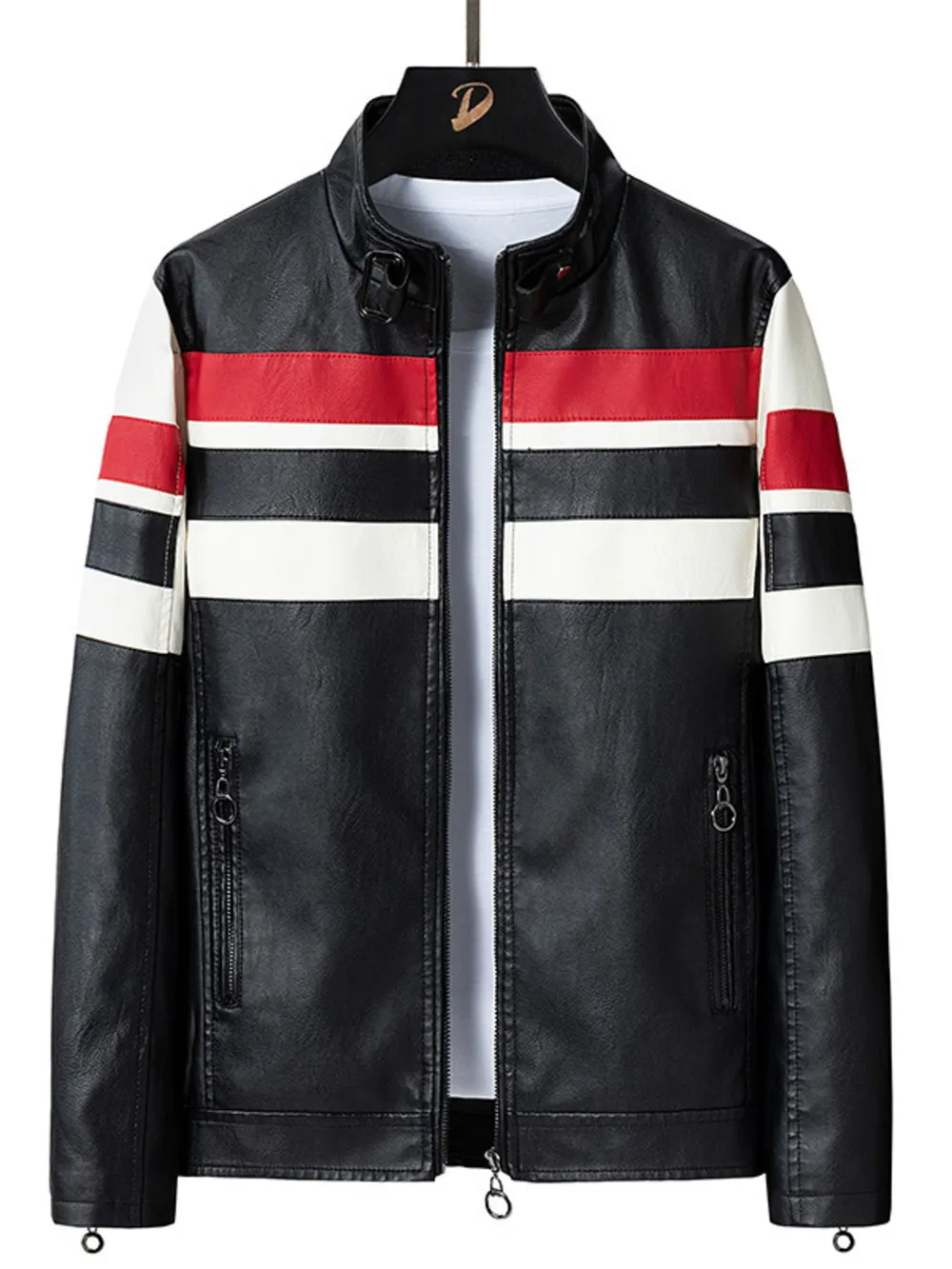 Men's Plus Size Striped Leather Moto Jacket, image 3