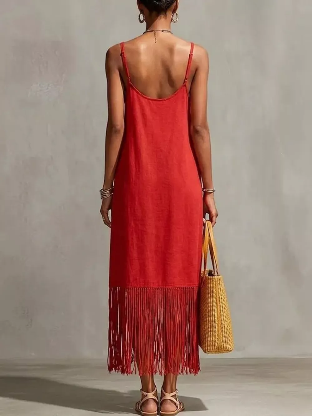 Full Size Fringe V-Neck Spaghetti Strap Dress Plus Size, image 6