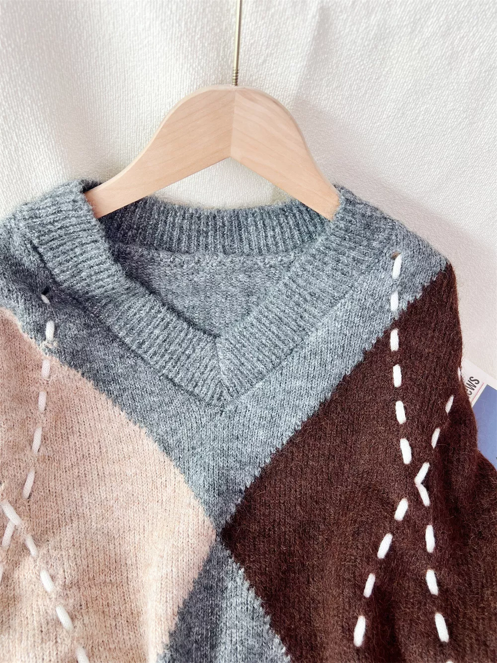 Argyle Pattern V-Neck Oversized Sweater, image 25