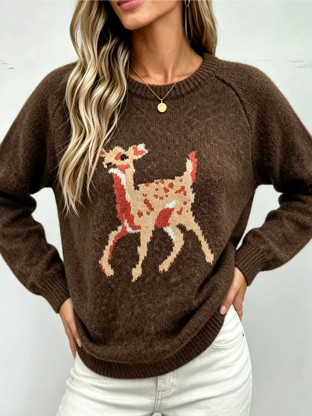 Deer Pattern Raglan Sleeve Sweater, image 4