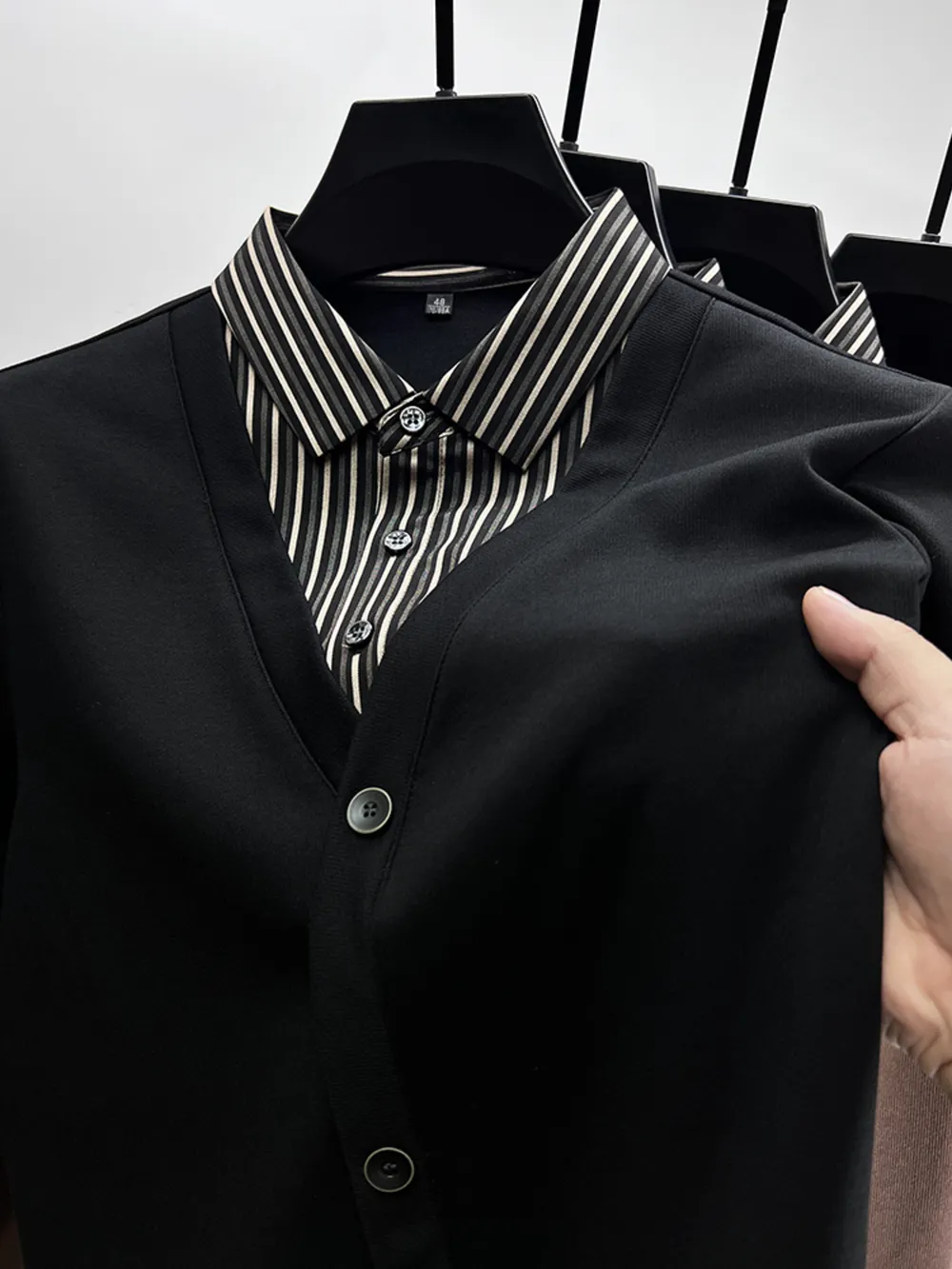 Men's Plus Size Striped Collar Detail Long Sleeve Top, image 3