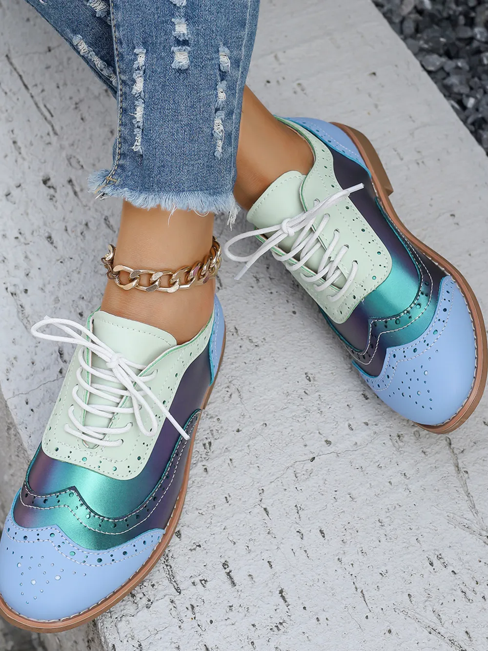 Round Toe Flats Color Block Loafers, image 4