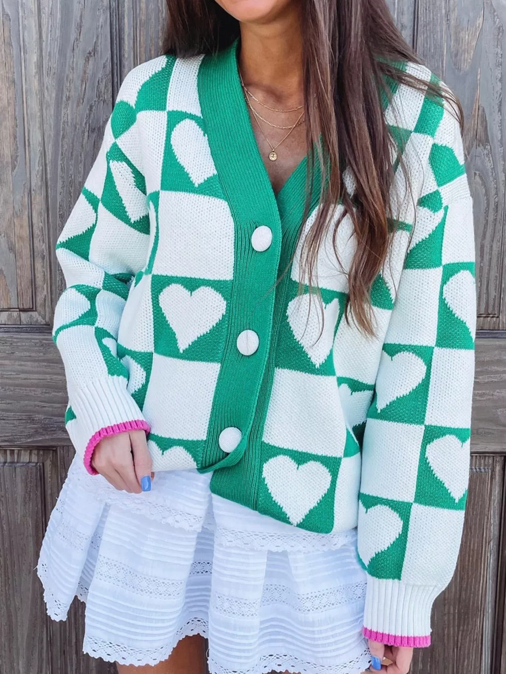 Plaid Heart Knit V Neck Button Down Sweater Cardigan, image 5