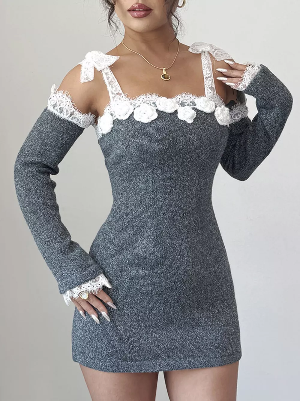 Elegant Crochet Off-Shoulder Lace Trimmed Knit Dress with Detachable Sleeves