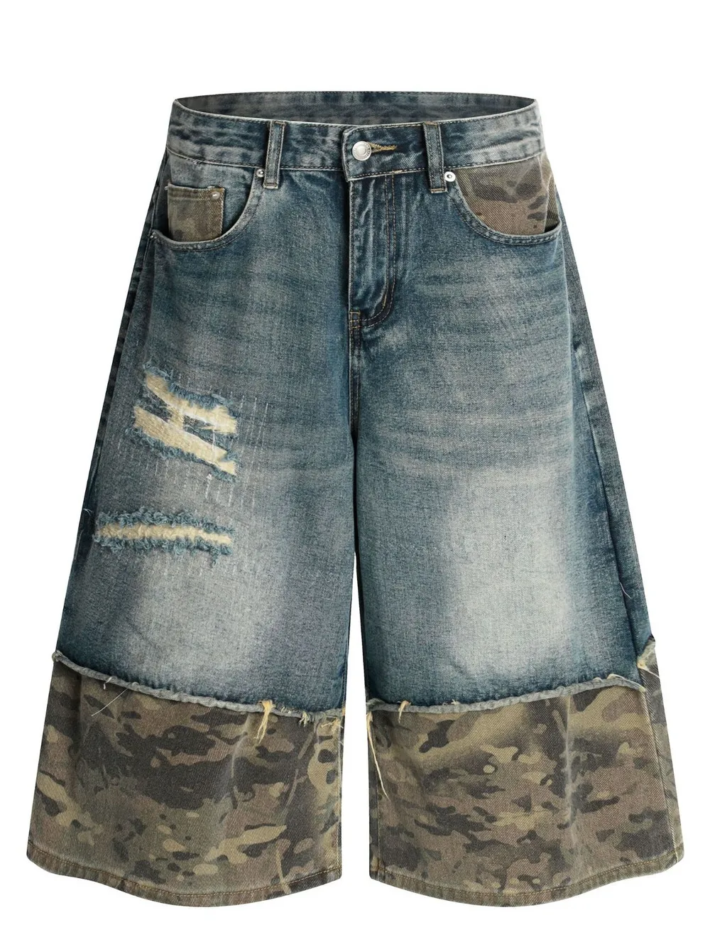 Men's Distressed Camo Panel Denim Shorts, image 4