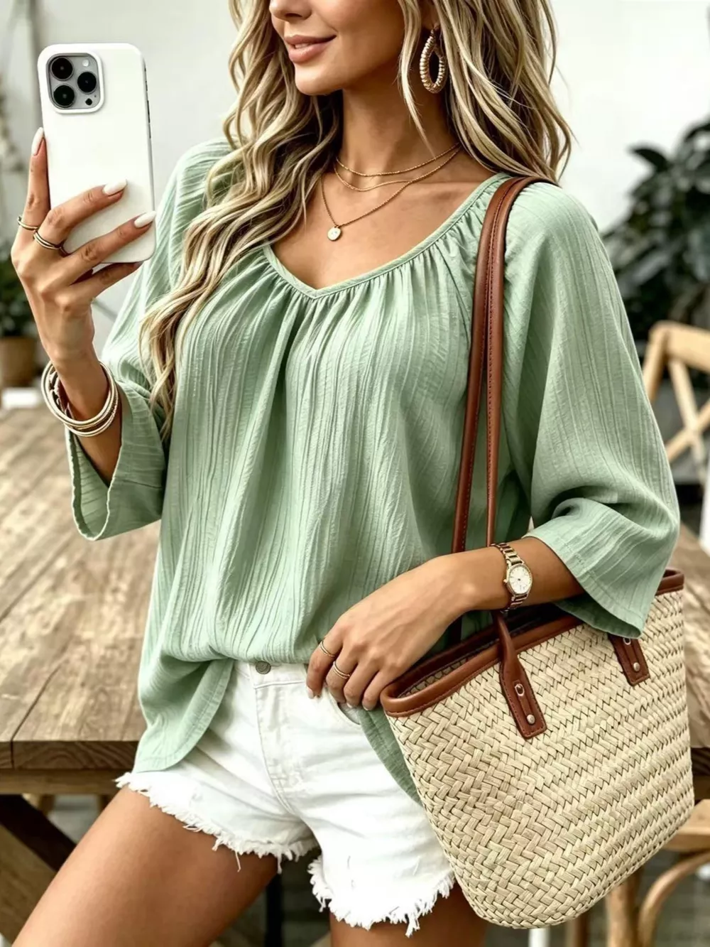Full Size Textured V-Neck Casual T-Shirt Plus Size