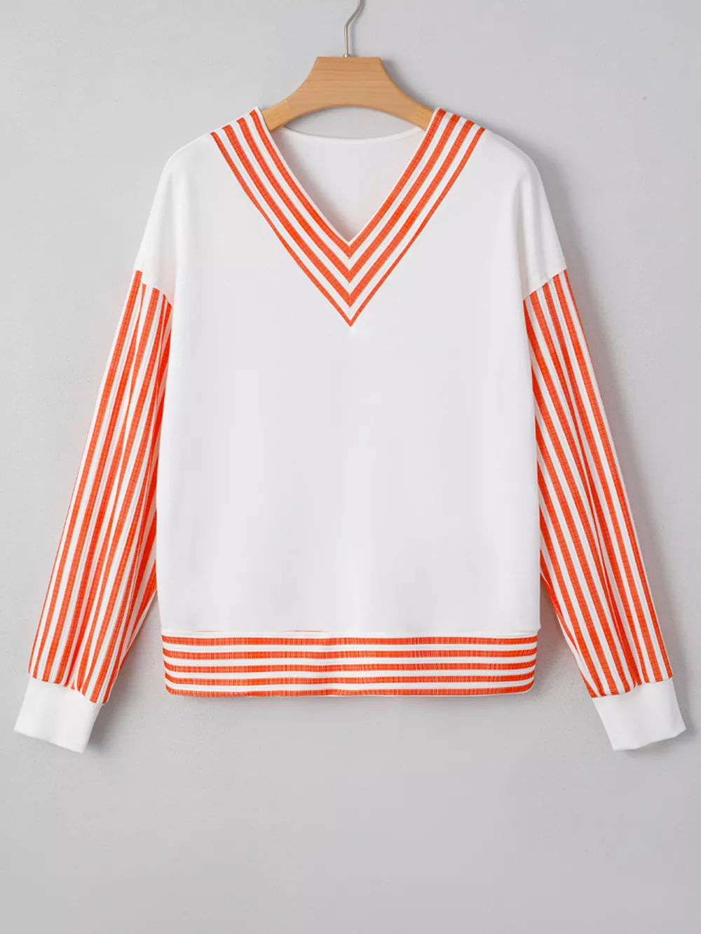 Stripe V Neck Drop Shoulder Patchwork Long Sleeve Top, image 4