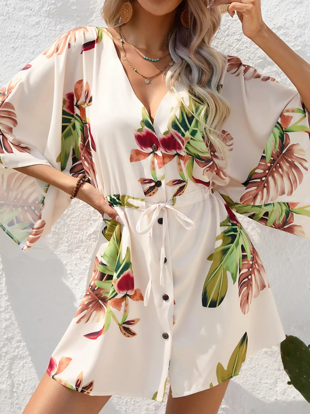 Color Block Drawstring Waist Button Up Dress, image 11