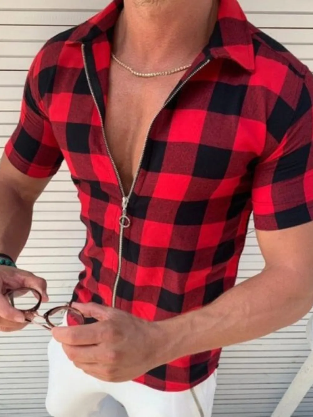 Men's Plus Size Plaid Zip Up Short Sleeve Shirt, image 2
