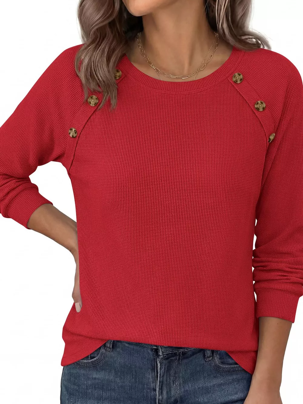 Decorative Button Waffle Knit Long Sleeve T-Shirt, image 22