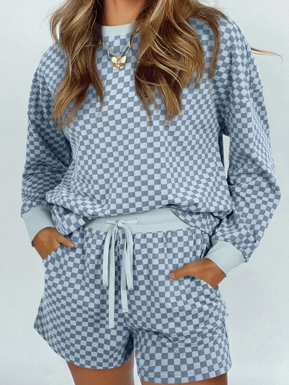 Checkerboard Long Sleeve Pullover and Shorts Set, image 12