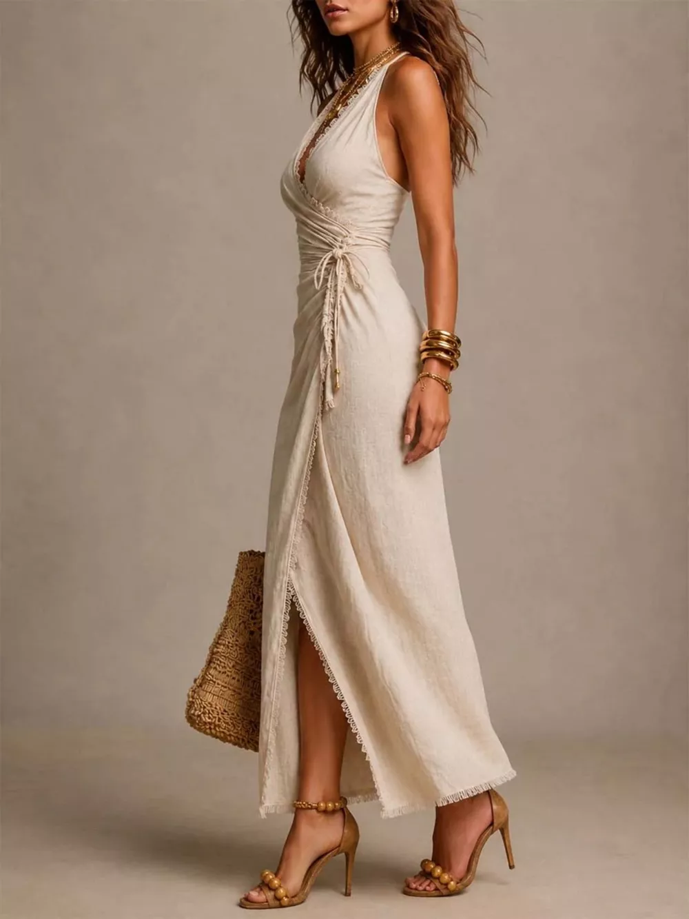 Lace-Trimmed Slit Wrap Midi Dress, image 2