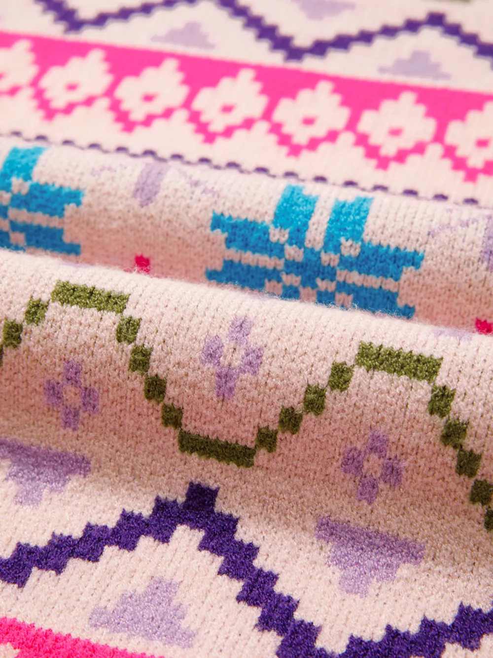 Multicolour Ethnic Christmas Pattern Knit Feather Cuffed Sweater, image 6