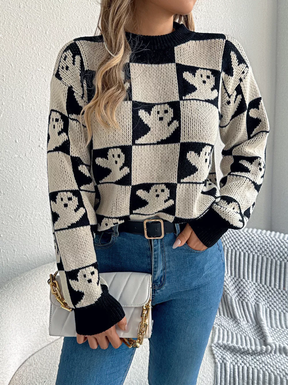 Checkerboard Halloween Graphic Sweater, image 14