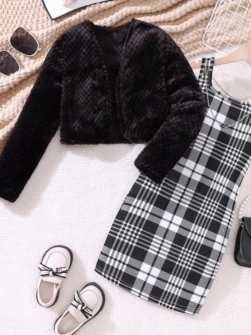 Children's Fuzzy Cardigan & Plaid Dress Set, image 2