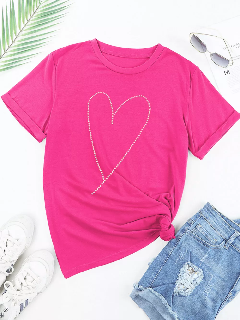 Rhinestone Heart Graphic Crew Neck Valentines Tee, image 3