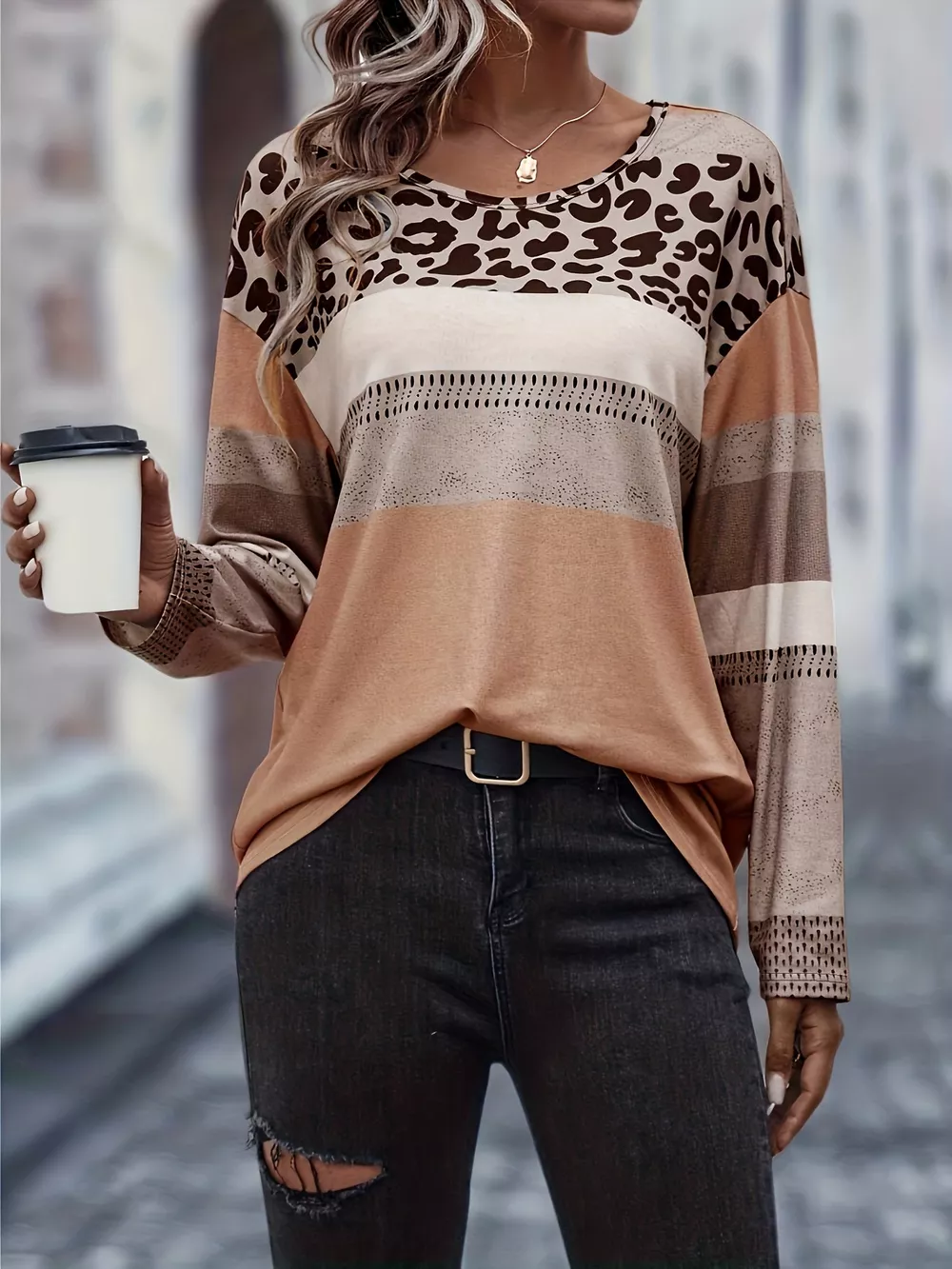 Plus Size Leopard Print Color Block Long Sleeve T-Shirt, image 2