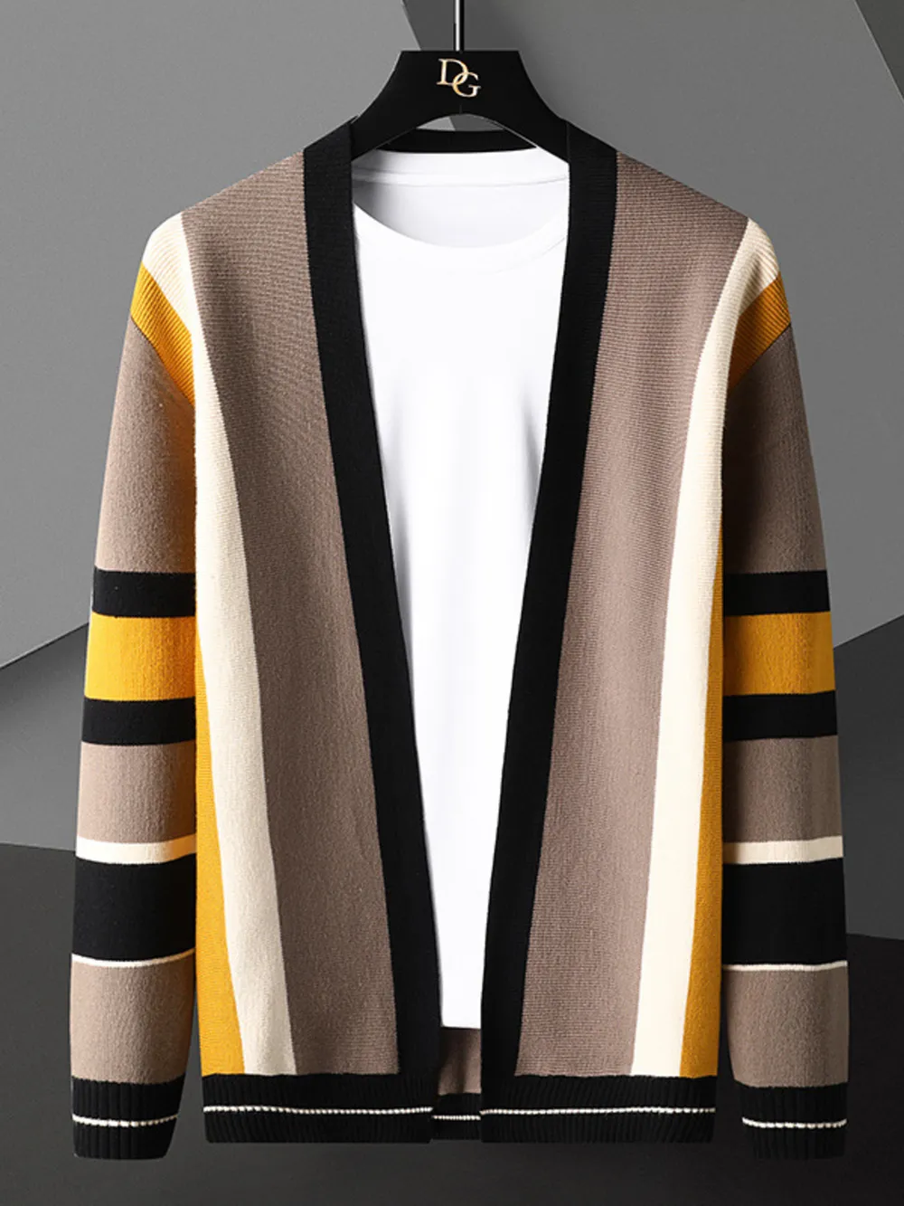 Men's Plus Size Striped Open Front Knit Cardigan, image 4