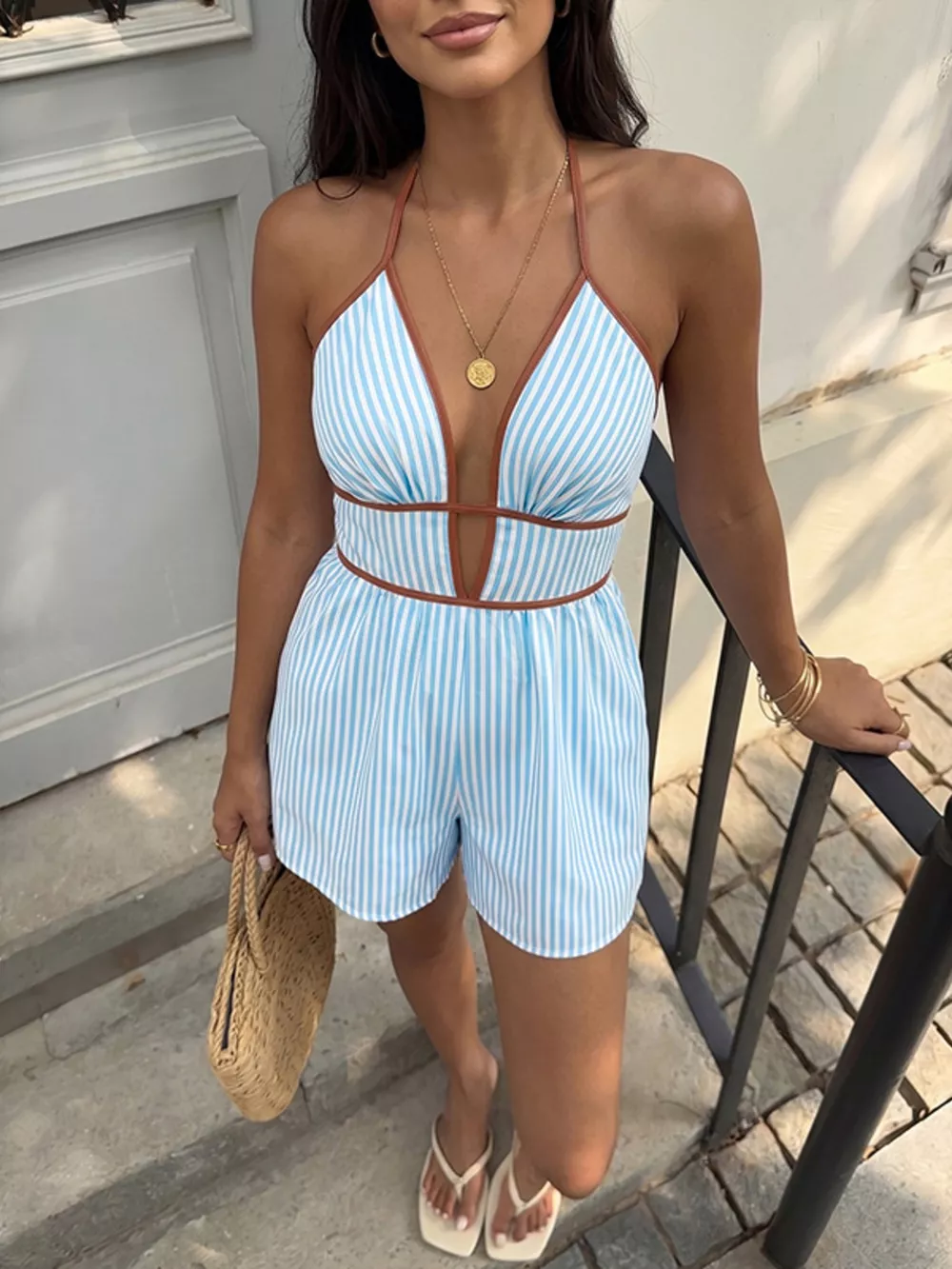 Striped Halter Neck Romper, image 2